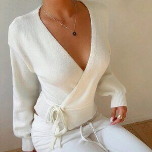 White Casual Women's Versatile Wrap Tie Front Cardigan